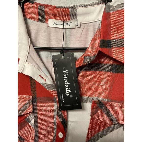 Ninedaily Shirt Womens 2XL Red White Plaid Button Up Tunic Top Pockets Casual - Picture 3 of 6
